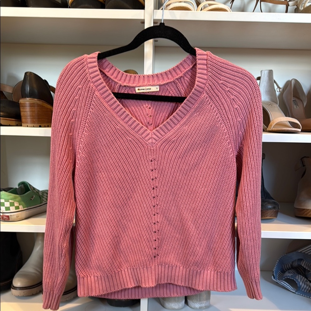 Marine Layer Pink V-Neck Sweater with Cropped Length